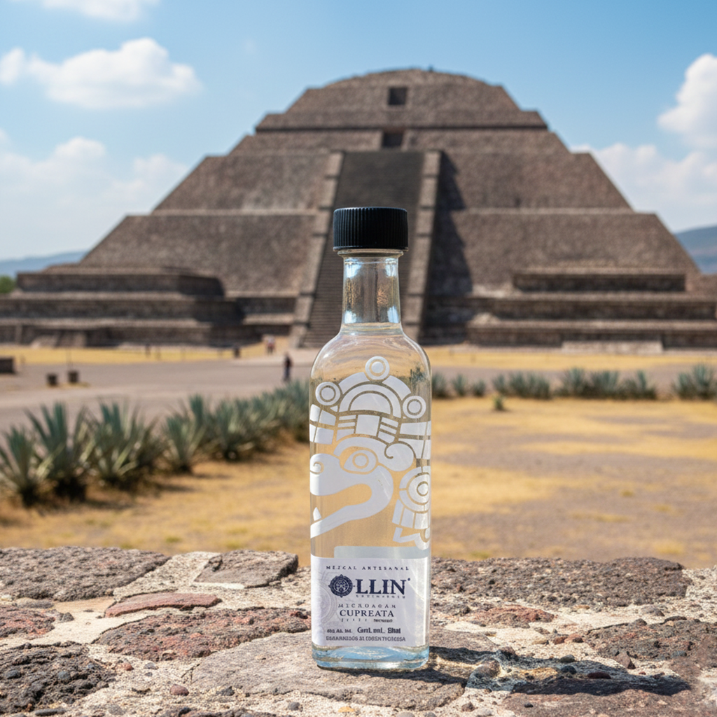 Mezcal Cupreata artesanal en las pirámides de Teotihuacán, botella de 50ml marca Ollin con detalles grabados en blanco