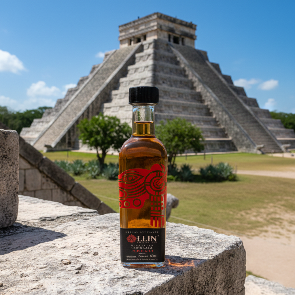 Botella de mezcal Ollin Cupreata Reposado servido en vasija de barro junto a rodajas de naranja