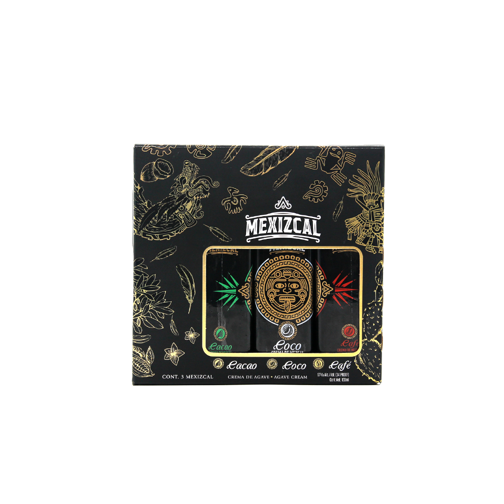 Cremas de mezcal tripack café, coco y cacao – licor dulce y cremoso ideal como regalo navideño a precio especial.