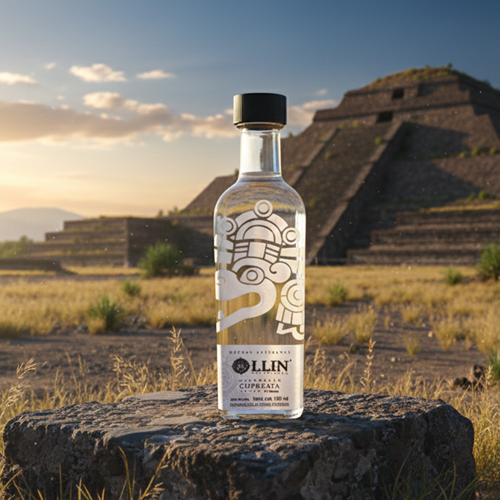 Mezcal Ollin Cupreata 100ml - Botella de mezcal artesanal transparente con motivos culturales mexicanos