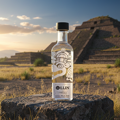 Mezcal Ollin Cupreata 100ml - Botella de mezcal artesanal transparente con motivos culturales mexicanos
