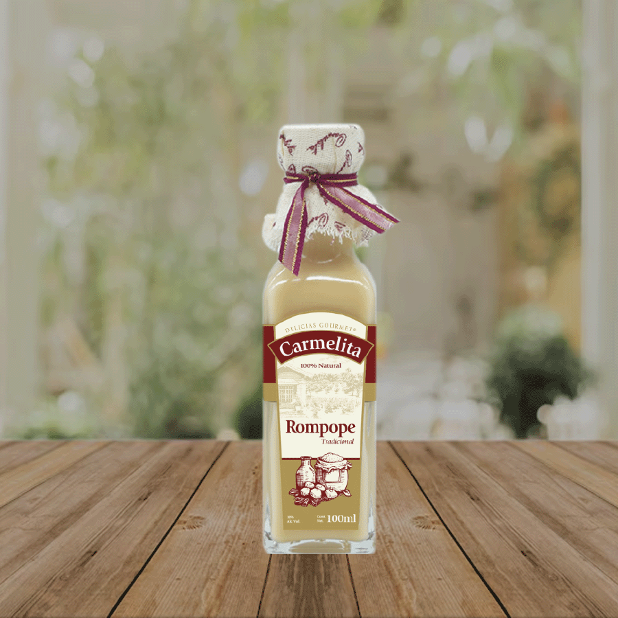 Rompope Carmelita gourmet artesanal, presentación de 100 mililitros. Sabor tradicional hecho en México.