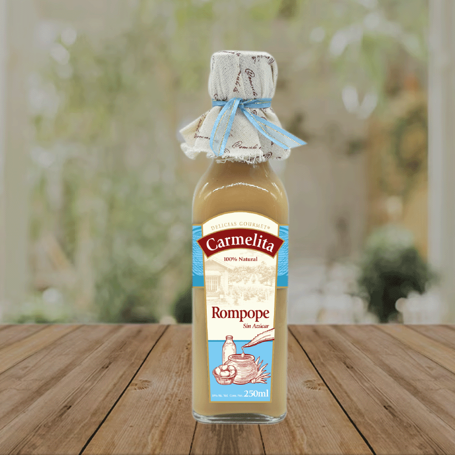 Rompope bajo en azúcar endulzado con jarabe de agave, disponible en presentaciones de 750 ml, 250 ml y 100 ml. Único en México.