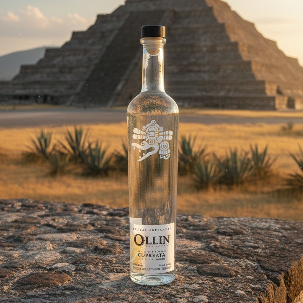 Botella de Mezcal Artesanal Ollin Cupreata de 750ml, elaborado en Michoacán, con diseño de etiqueta prehispánica sobre fondo de la Pirámide del Sol en Teotihuacán