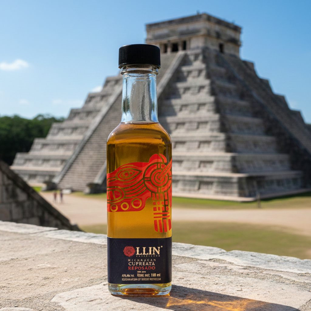 Mezcal Ollin Reposado 100% agave Cupreata elaborado artesanalmente, color dorado brillante