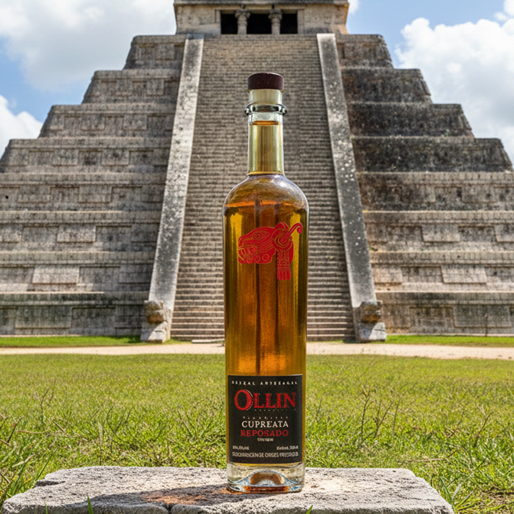 Botella de Mezcal Artesanal Ollin Cupreata Reposado con etiqueta elegante, fondo neutro