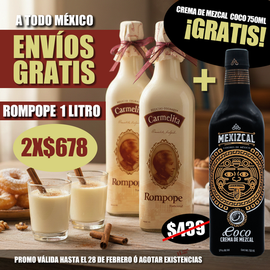 Promoción Rompope Carmelita 2x1 con Crema de Mezcal Coco Gratis