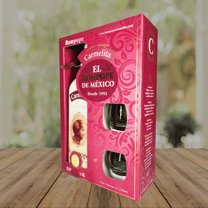 Pack de regalo Rompope Carmelita tradicional, incluye botella de 1 litro y 2 copitas. Ideal para obsequiar y compartir.