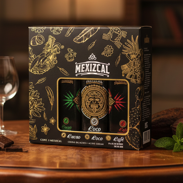 Tripack de crema de mezcal Mexizcal con tres botellas de 100ml sabores cacao, café y coco en caja de edición especial negra con diseños dorados